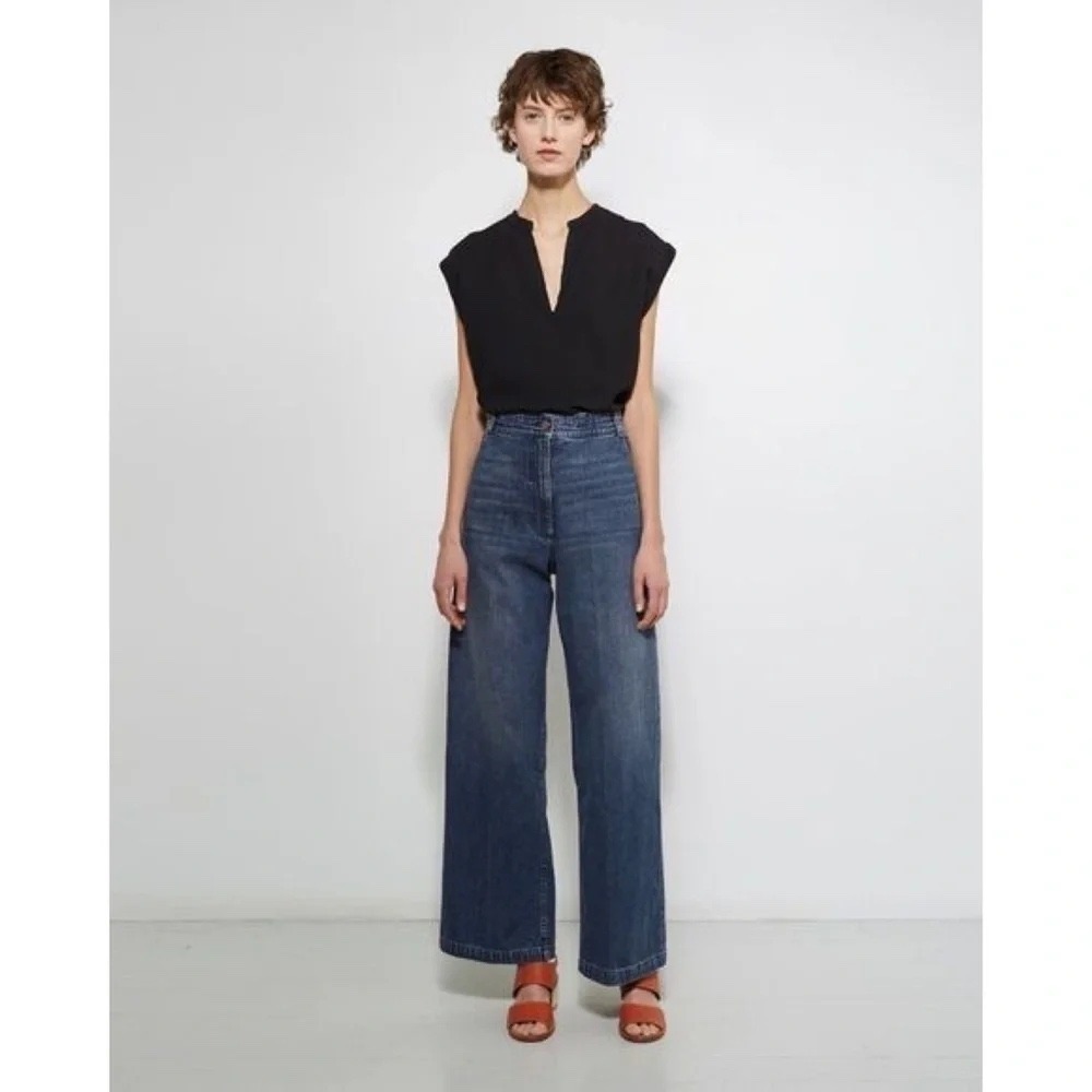 Rachel Comey Long Bishop Wide Leg Jeans Blue Denim 8 Retro Sailor Quiet Luxury